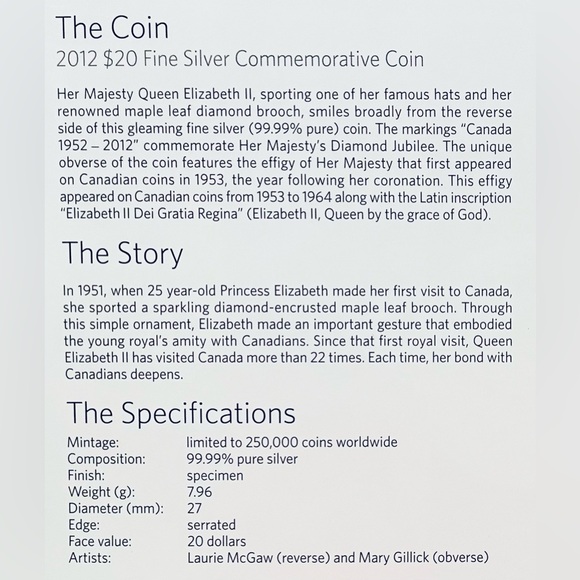 2012 Fine Silver Commemorative Coin Queen Elizabeth Il fine silver 99.99% pure. - Picture 4 of 4